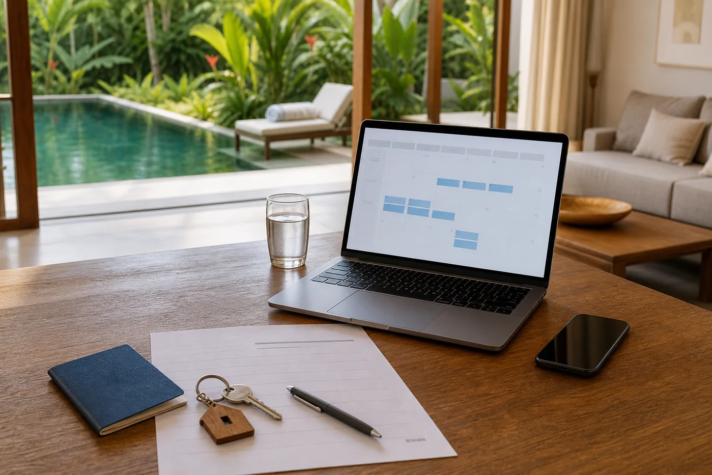Direct villa booking desk with pool view