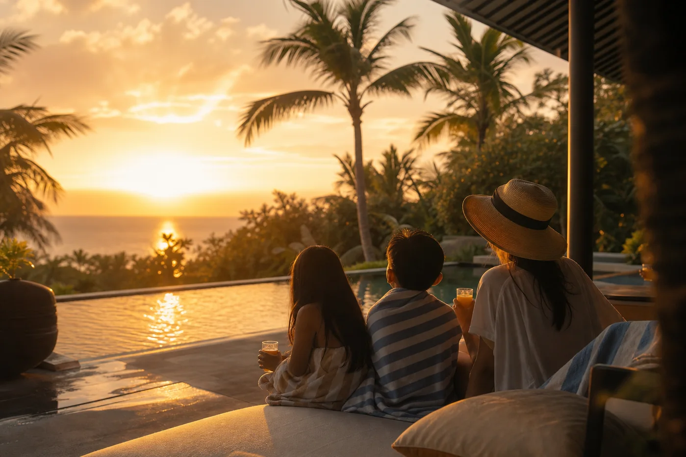 Guests watching sunset from a private villa pool