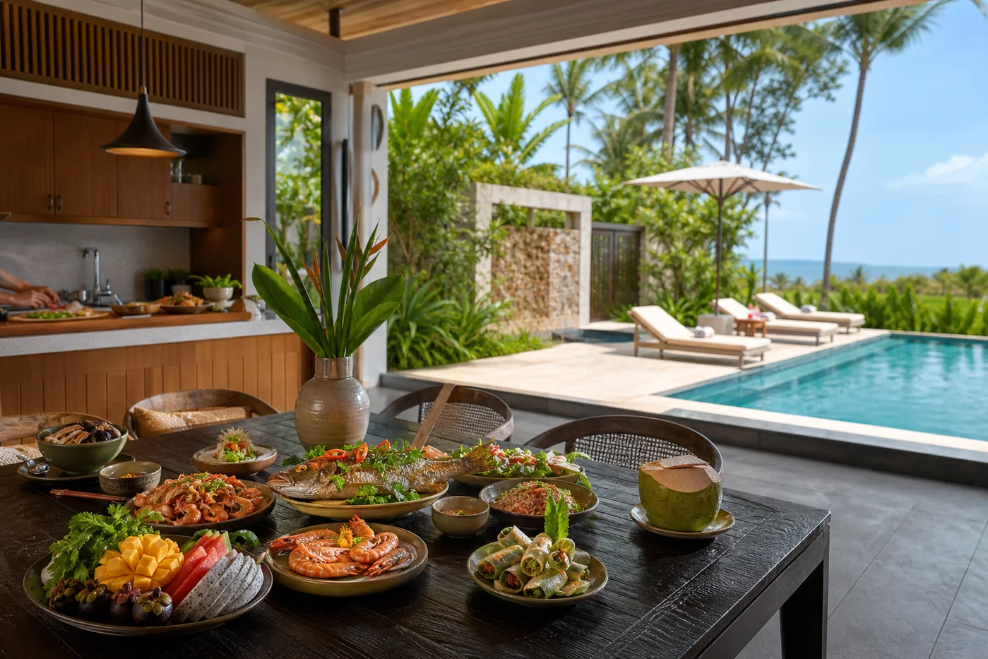 Seafood dining beside a private villa pool